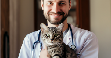 Freundlicher Tierarzt lächelt und hält eine graue Katze